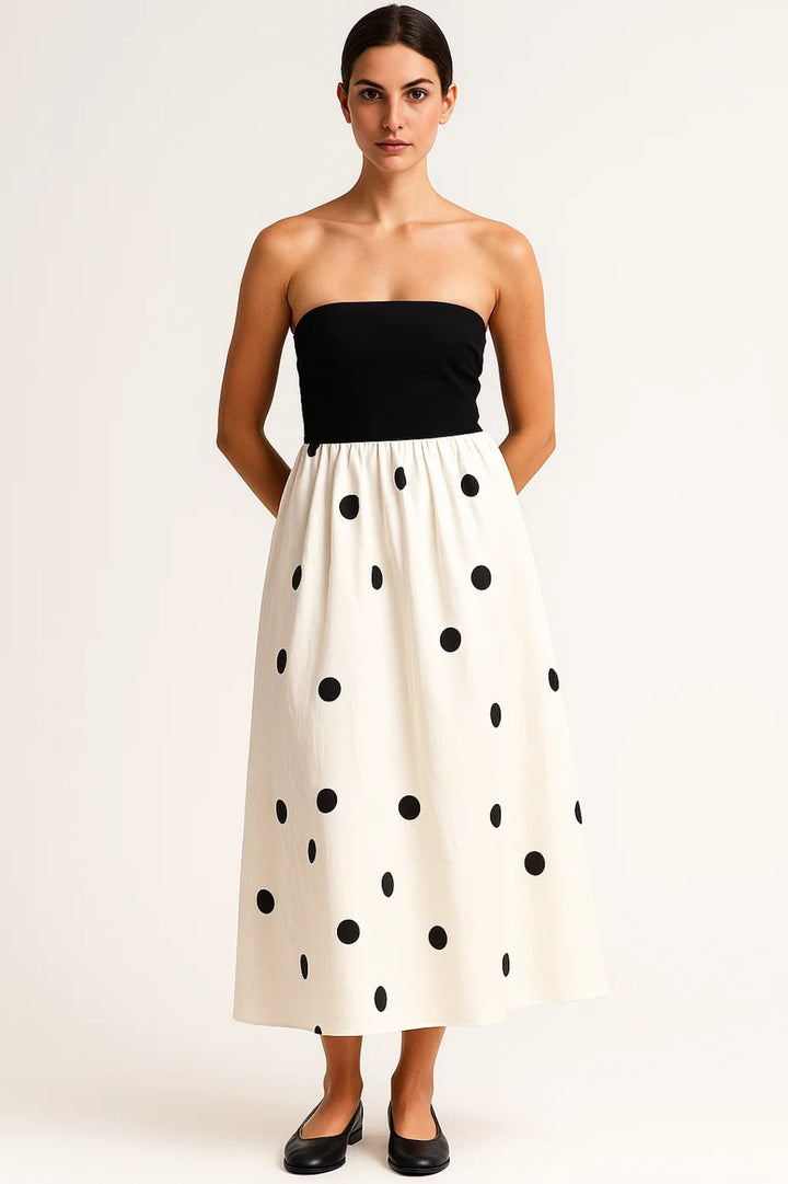 Dam Klänning | Strapless Midi | Prickig Design | Sommar