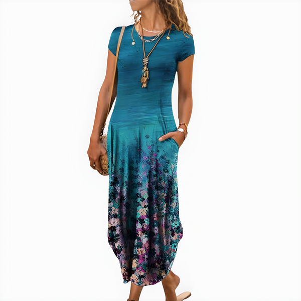 Maxiklänning Dam | Boho Vintage Mönster | Lös Passform & Fickor | Elegant Sommarklänning