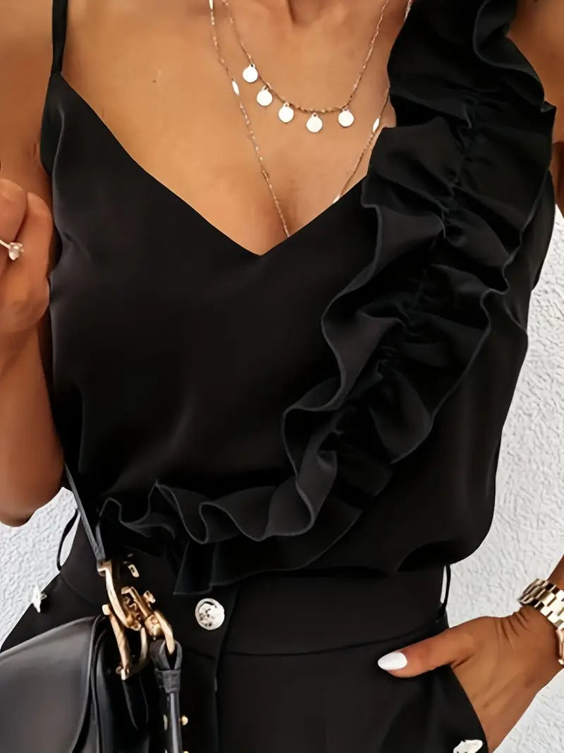Dam Topp | V-ringning & Volangkant | Spagettiband & Ärmlös | Somrig Elegant Topp