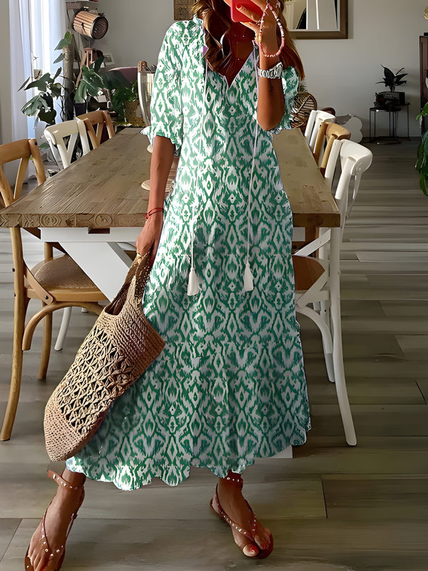 Dam Bohemisk Maxiklänning | Lätt Sommarstil | V-ringning & Justerbar Midja | Polyester