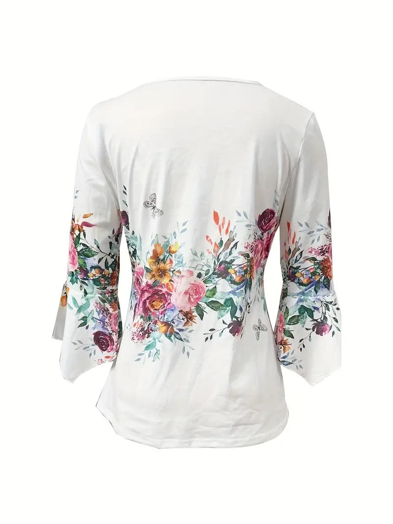 Blommig blus för kvinnor | Notch hals & knapp upp | luftig & feminin stil