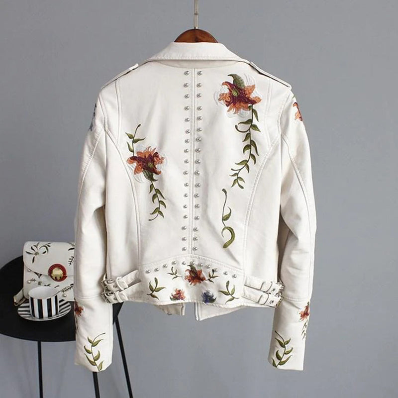 Damjacka | Vintageblommig brodyr | Bikerstil med dragkedja