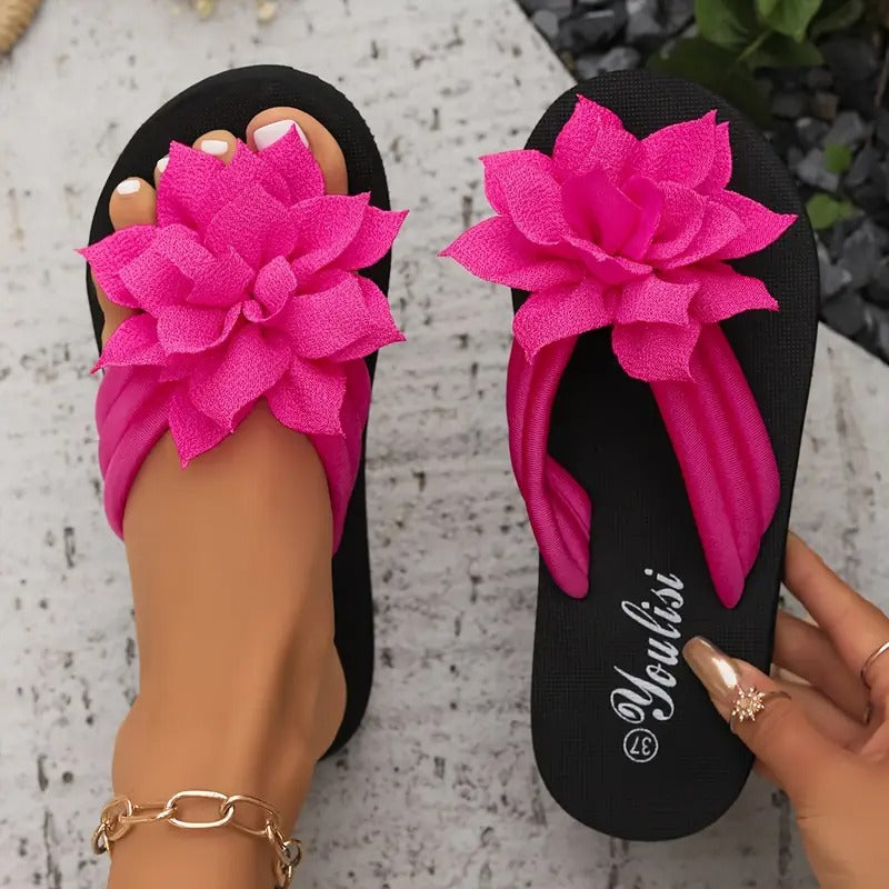 Tofflor för kvinnor | Blommigt tryck & Tinta Unita | Slip-on semesterstil | Ovandel i tyg & EVA-sula