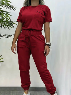 Damset | Trendig Kortärmad Topp & Byxa | Elegant Enfärgad Design | Bekväm Polyester
