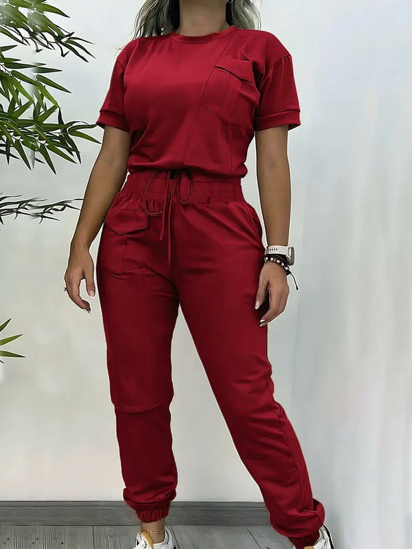 Damset | Trendig Kortärmad Topp & Byxa | Elegant Enfärgad Design | Bekväm Polyester