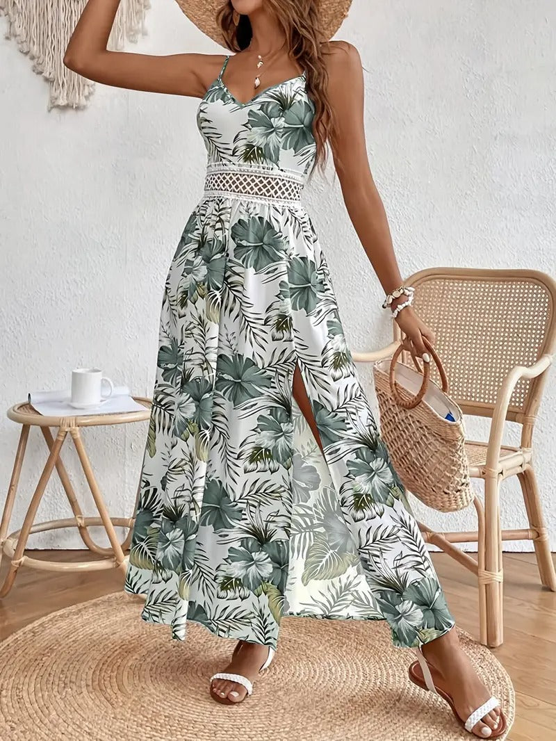 Damklänning | Ärmlös Med Slits | Blommigt Mönster & Spagettiband | Elegant Sommarklänning