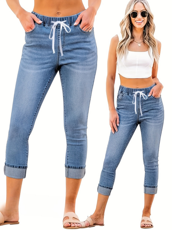 Kvinnors Byxor | Hög Midja Jeans | Stretchig Denim med Dragsko | Blå