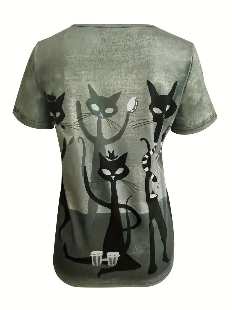 Dam T-shirt | Kattmotiv | Kortärmad & Avslappnad Passform | För Vår & Sommar