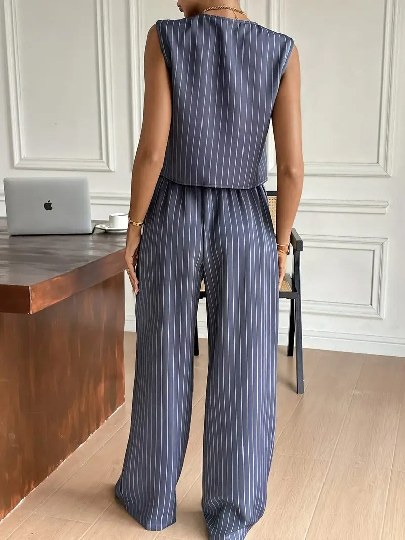 Dam Set | Ärmös Randig Väst & Vida Byxor | Knäppning | Polyester Sommarlook