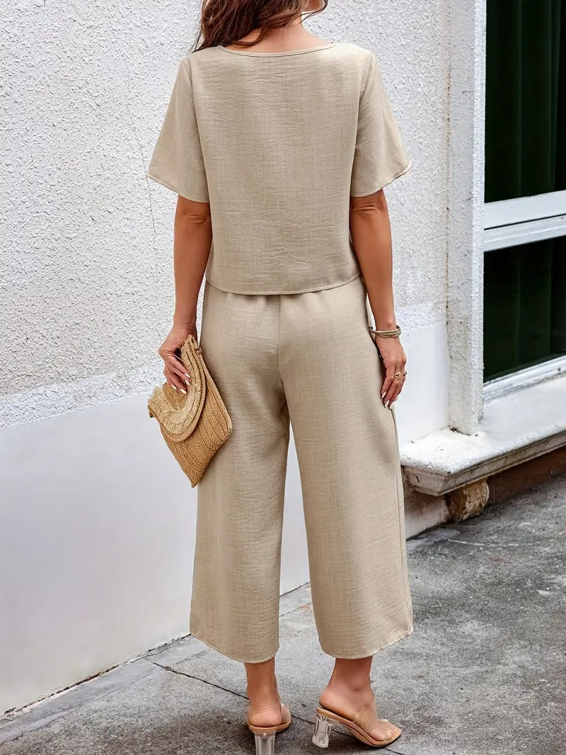 Damset | T-shirt & Vida Byxor | Patchworkdesign & Enfärgad | Somrig Komfort i Polyester