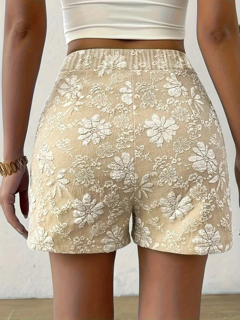 Kvinnors Blommiga Jacquard Shorts | Hög Midja &amp; A-Linje | Eleganta Damesshorts