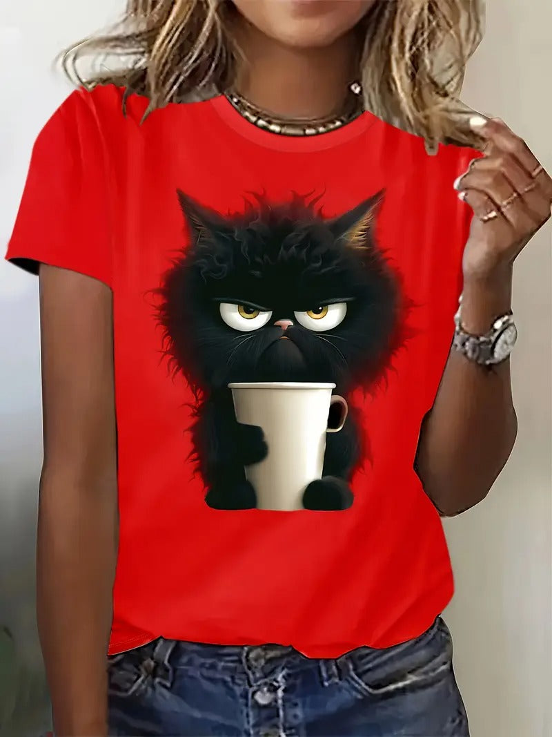 Dam T-shirt | Söt Kattenprint & Rund Hals | Avslappnad Kortärmad Top för Vår & Sommar