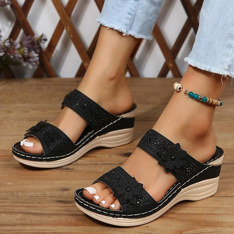 Damtofflor | Retro Wedge Sandals | Avslappnade och bekväma | Plattformstofflor med blomdesign
