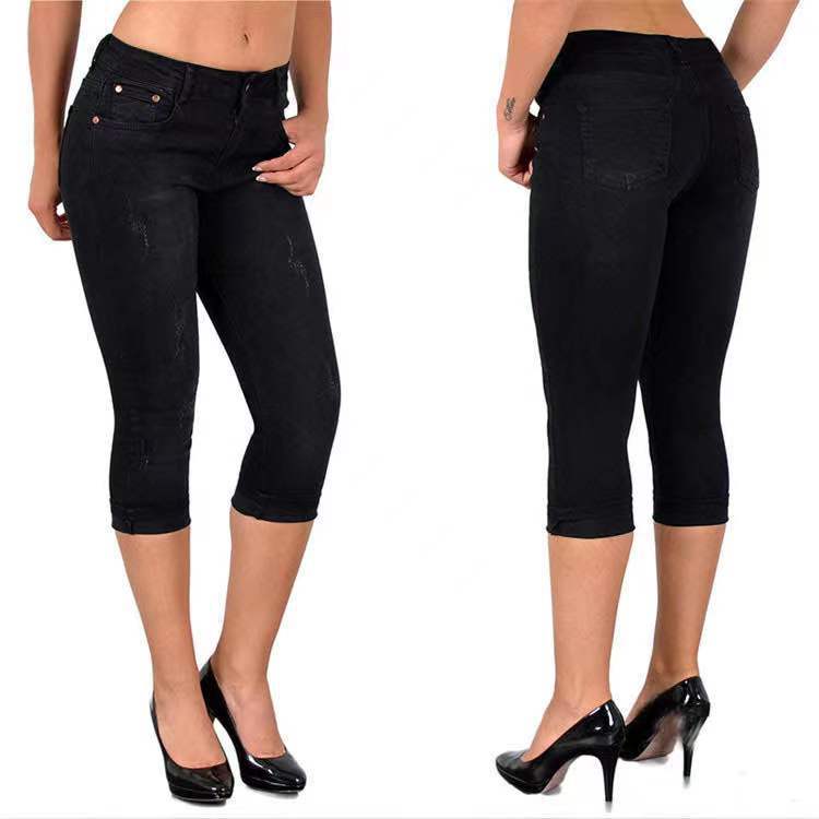 Denim Capri-byxor för kvinnor | Hög midja & rak passform | Stretchig och sommarstil
