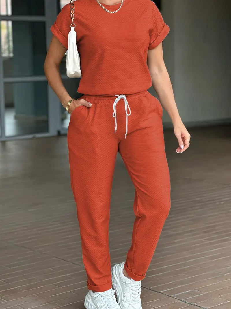 Damsset | Minimalistisk Design & Justerbar Midja | Tvådelad Bekväm Sportlook i Polyester för Vår/Sommar