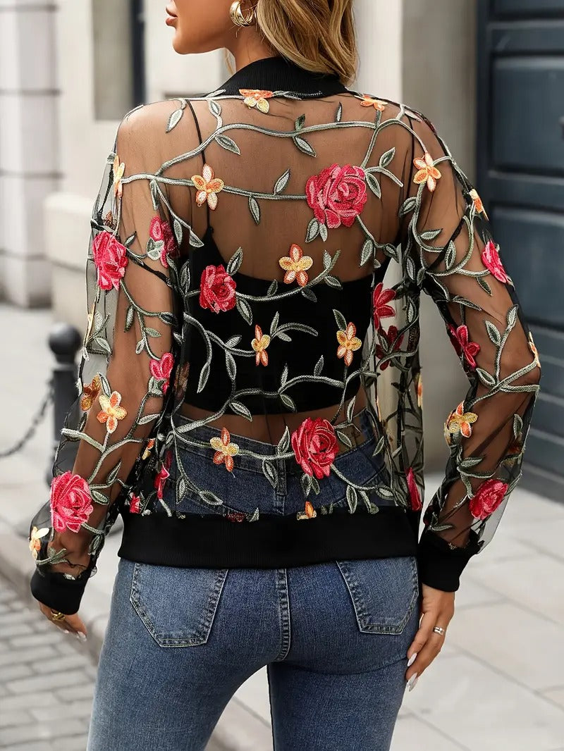 Damjacka | Blommigt broderi & meshdesign | Halvgenomskinlig | Dragkedja