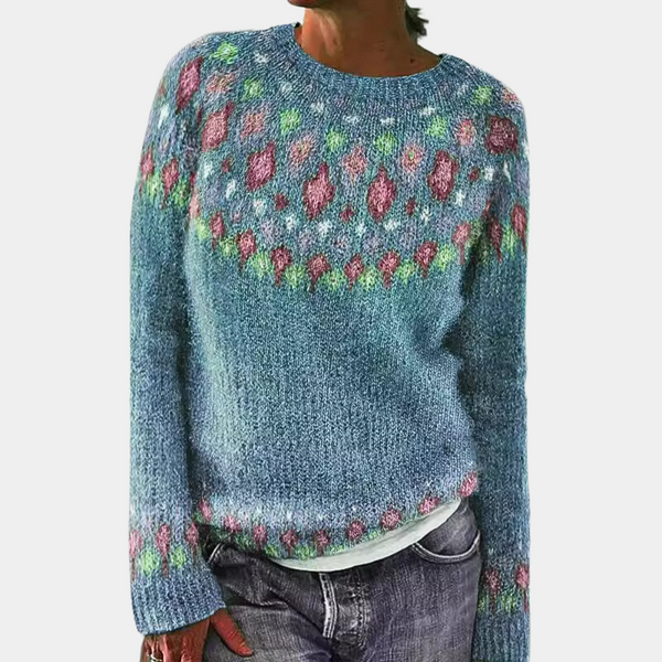 Damtröja i stickat material | Vintage-design | Unikt tryck | Rund hals och långa ärmar