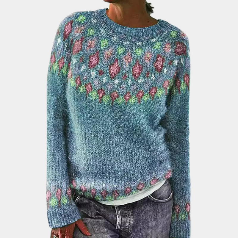 Damtröja i stickat material | Vintage-design | Unikt tryck | Rund hals och långa ärmar