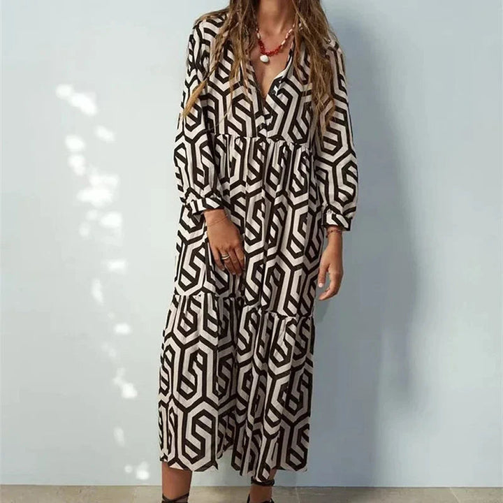 Boho Maxiklänning Dam | Geometriskt Mönster | Lös Passform | Sommar &amp; Semester