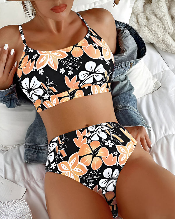 Bikini Set för kvinnor | Hög midja | Blommigt tryck | Tvådelad baddräkt