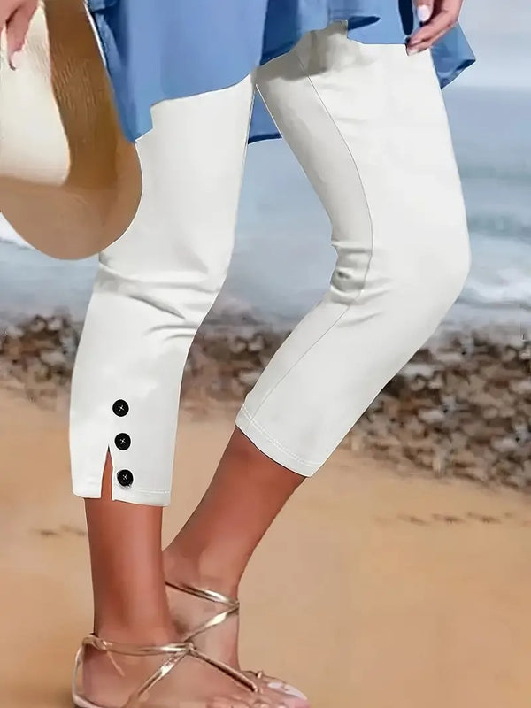 Dams Capri Byxor | Stretch & Bekväm Passform | Elastisk Midja & Knoopaccent