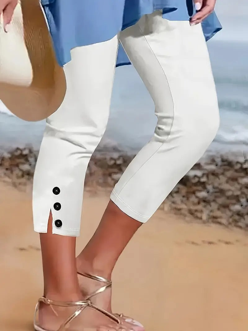 Dams Capri Byxor | Stretch & Bekväm Passform | Elastisk Midja & Knoopaccent