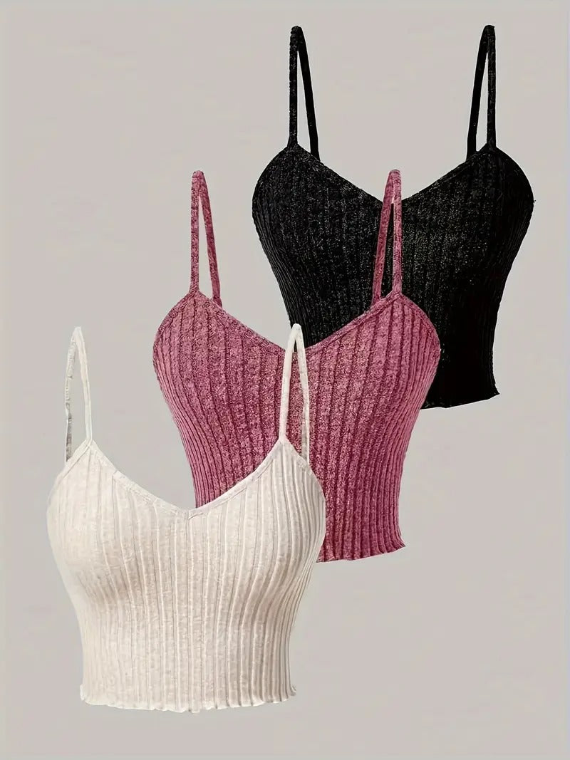 Damtanktops | 3-pack Ribbad med Spagettiband | Ärmlösa & Bekväma för Sommaren