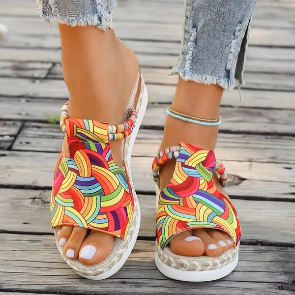 Damsandaler | Färgglad Graffiti & Kilklack | Espadrille Slip-On för Sommaren
