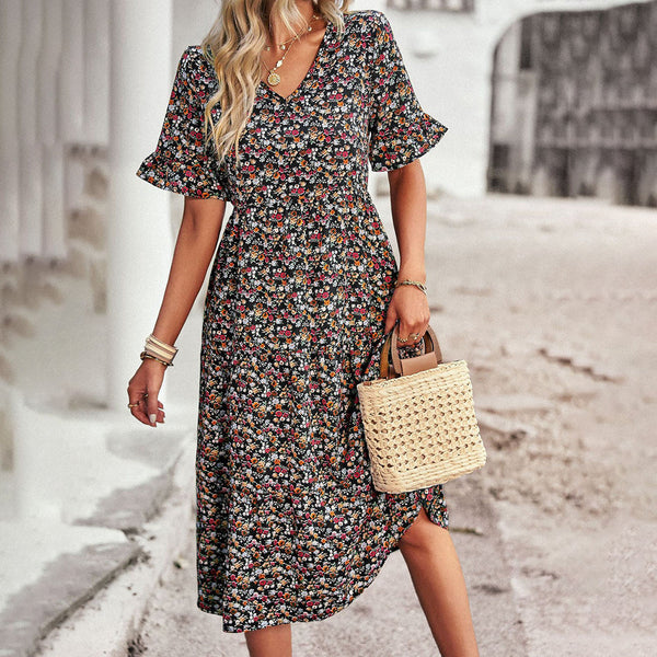 Dam Boho Maxiklänning | Blommigt Mönster & Volanger | V-ringning