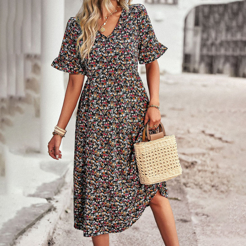Dam Boho Maxiklänning | Blommigt Mönster & Volanger | V-ringning