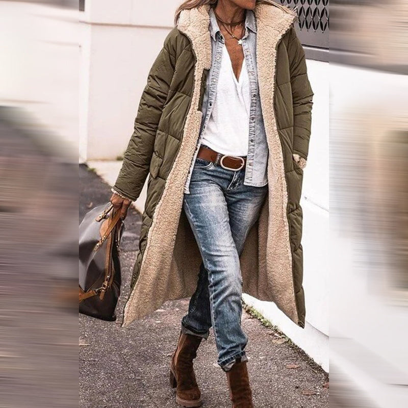 Damjacka Vinter Fleece | Enfärgad Hooded Parka | Lång Är | Polyester