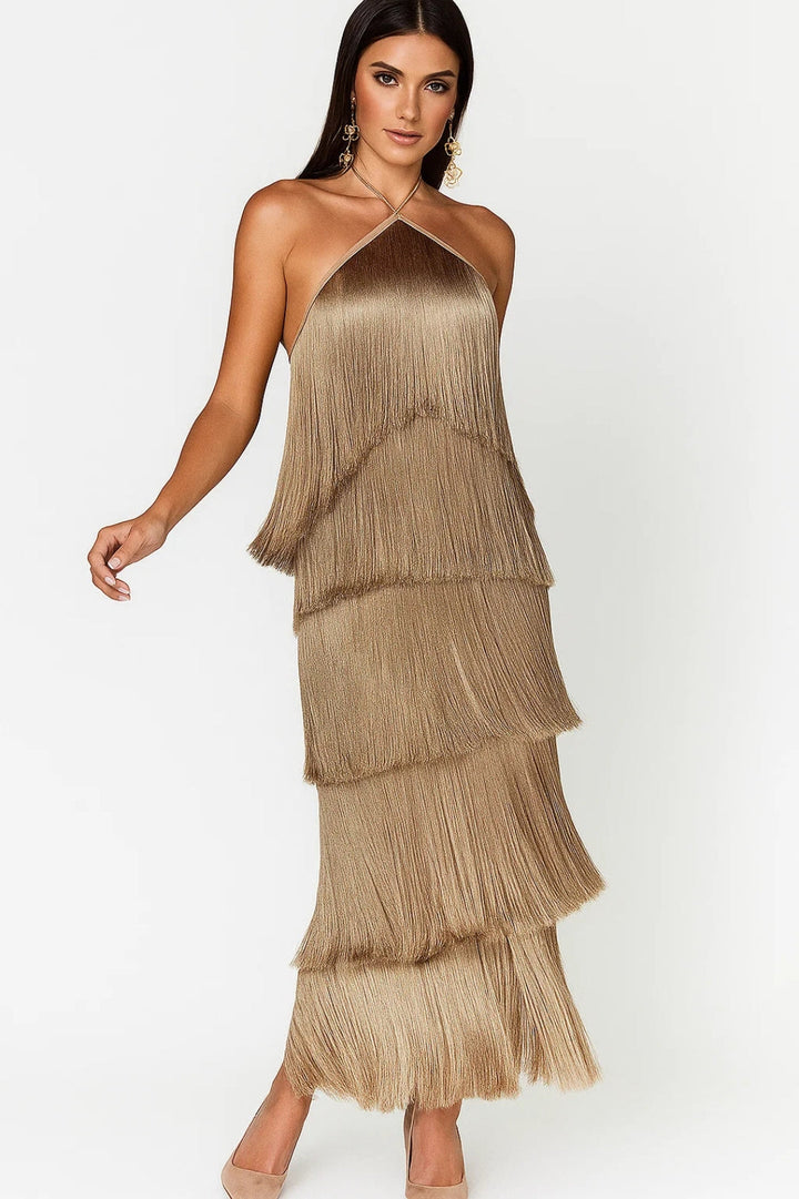 Dam Klänning | Elegant | Halterneck Fransar Maxi | Sommar