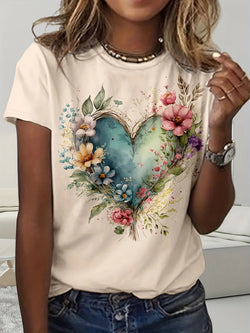 T-shirt med Blommor & Hjärta | Casual | Lätt & Somrig Stil