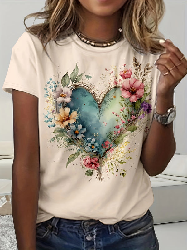T-shirt med Blommor & Hjärta | Casual | Lätt & Somrig Stil