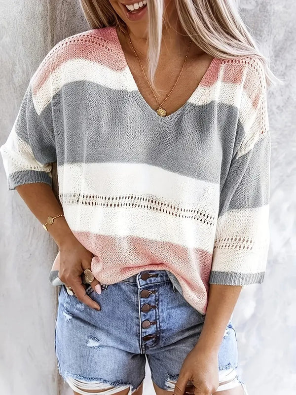 Dam Tröja | V-ringning & Off-Shoulder | Randig Stickad med Håldetaljer | Ljusgrå & Rosa
