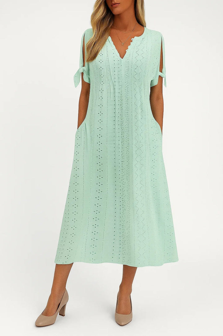 Dam Klänning | Elegant | V-ringad Midi Kort Ärm | Sommar