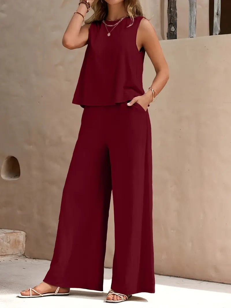 Bohemisk Strandoutfit | Avslappnad och Luftig | Mouwlös Top & Vida Byxor | Polyester för Sommar
