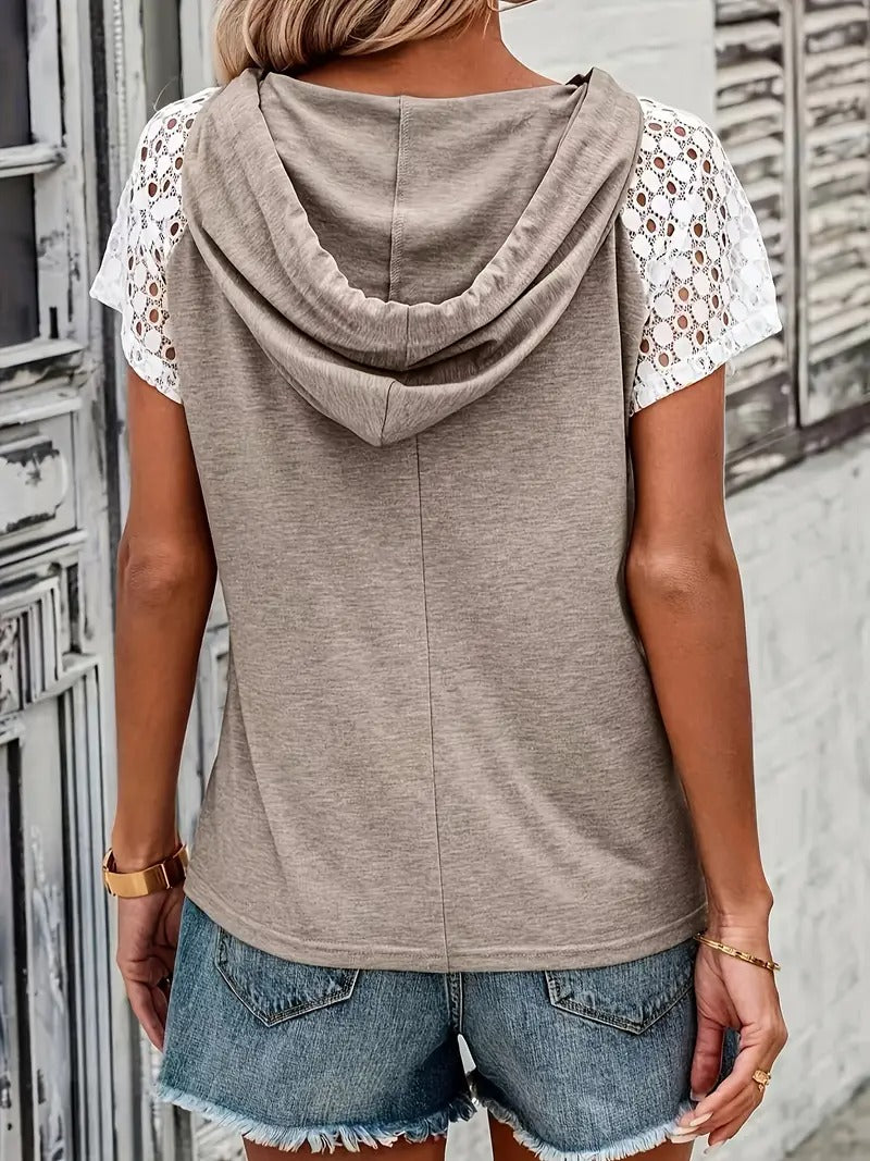 Damtop | T-shirt med Huva & Knäppning | Somrig & Avslappnad | Stretchmaterial