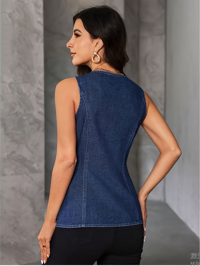 Dames Spijkerjas | Vintage Mouwloos Design & Knoopsluiting | Effen Blauw | Retro Chique