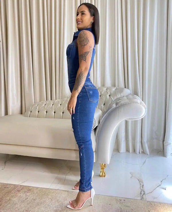 Chic rippad denim bodycon jumpsuit för kvinnor med snygg look | Nova