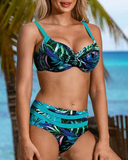 Damtopp Bikini Set | 2-delad | Push-up & Rygglös | Blommigt Mönster & Glansig Finish