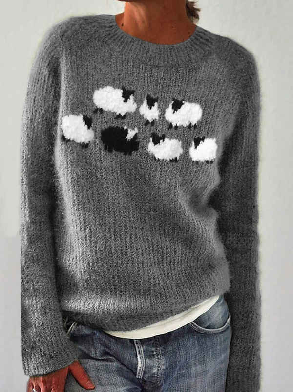 Damtröja | Lös Passform & Vintage Stil | Vinterstickad med Rund Hals | Polyester