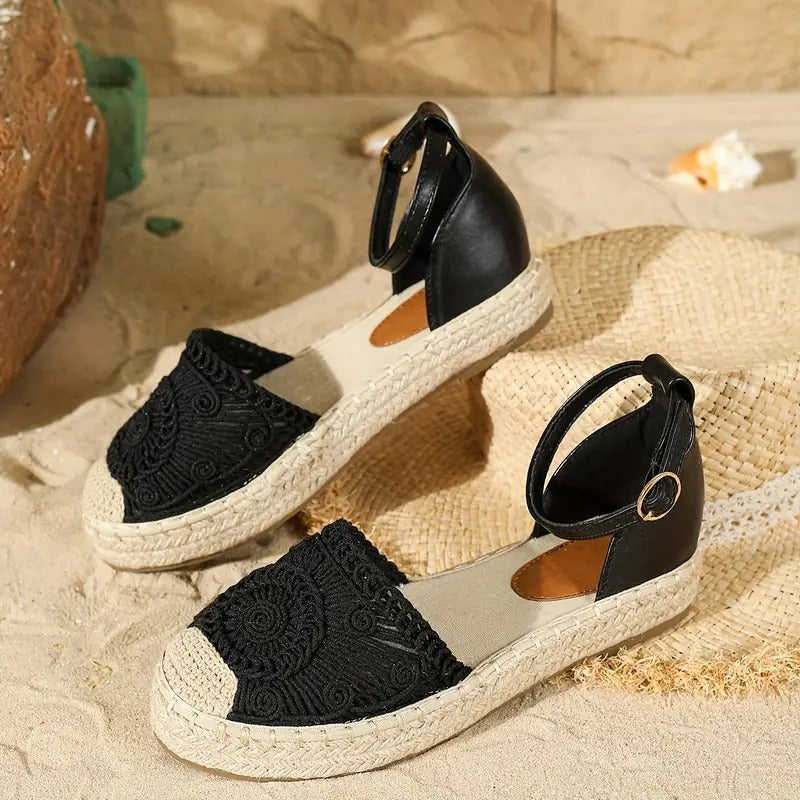 Sandaler för kvinnor | Espadriller med flätad plattform | Stängd tå och ankelrem | Snygga semesterskor