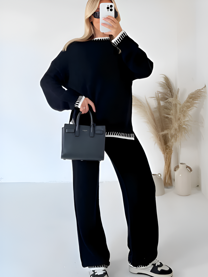 Damset | Lös Kostymstil | Långärmad Topp & Vida Byxor | 2-delad Elegant Look