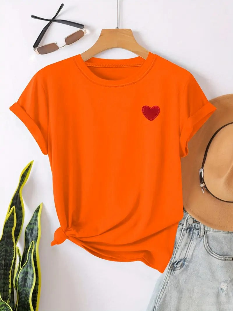 T-shirt för kvinnor | Hjärtformat tryck & Rund hals | Avslappnade korta ärmar | För vår & sommar