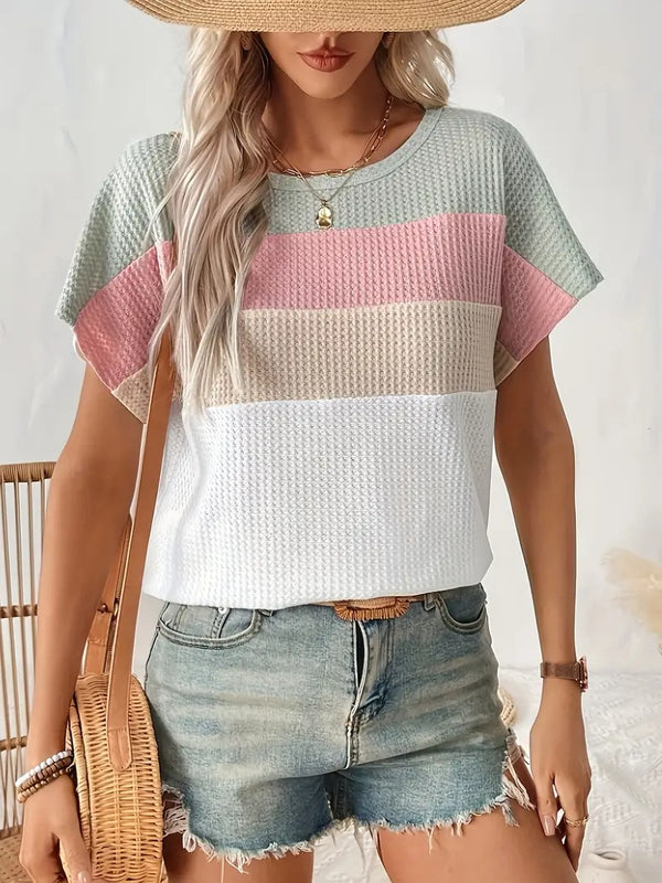 Dams T-shirt | Färgblock & Droppad Axelsöm | Somrig Cropmodell