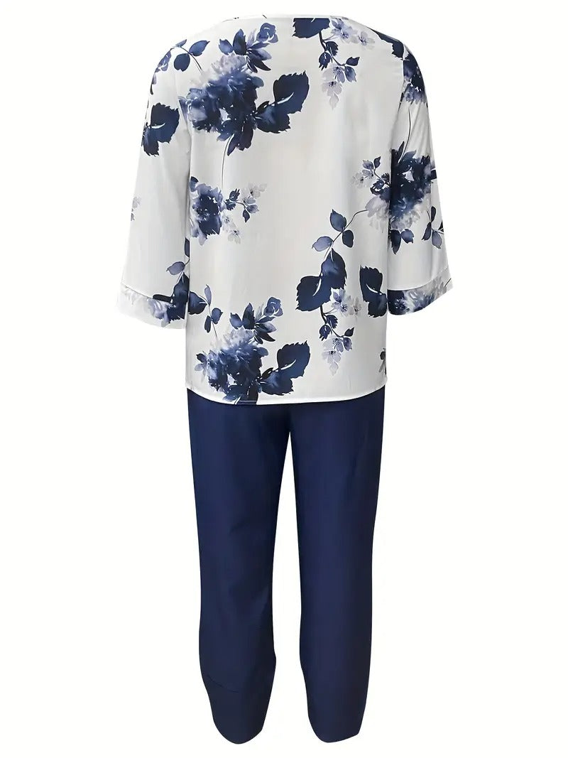 Damset | Elegant Heltäckande Mönster | Rund Halsringning | Lätt Polyester för Vår/Sommar