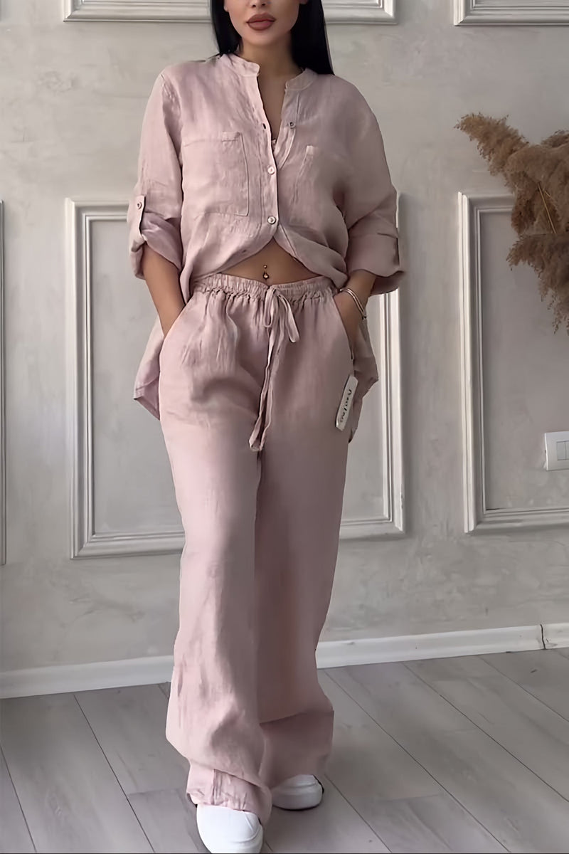 Tvådelad damkostym | Avslappnad skjorta med bröstficka & byxor med vida ben | Mjuk och följsam polyester
