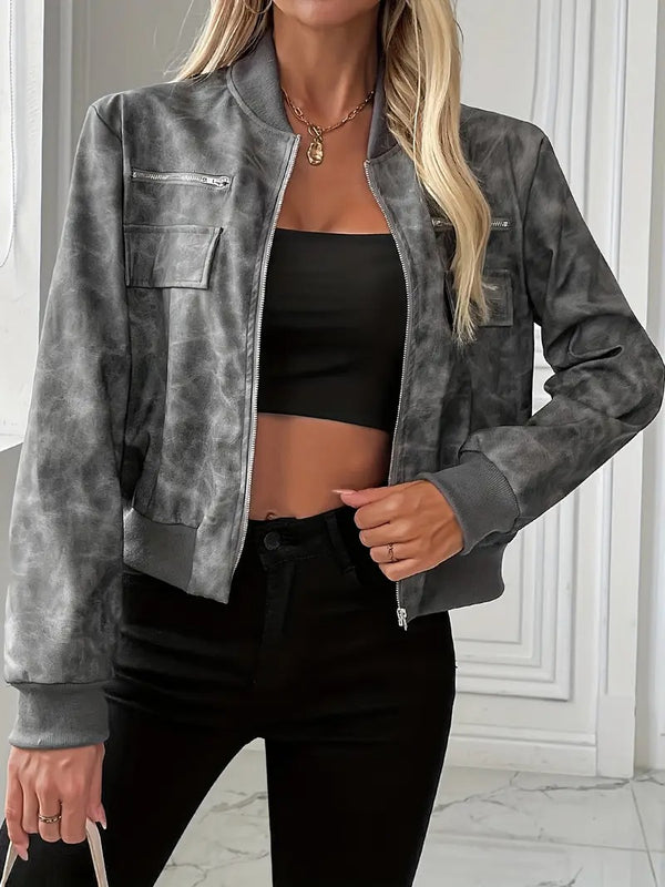 Tie-Dye PU-jacka för kvinnor | Chic blixtlås- och klafffickor | Långa ärmar | Elegant vår- / sommarmode