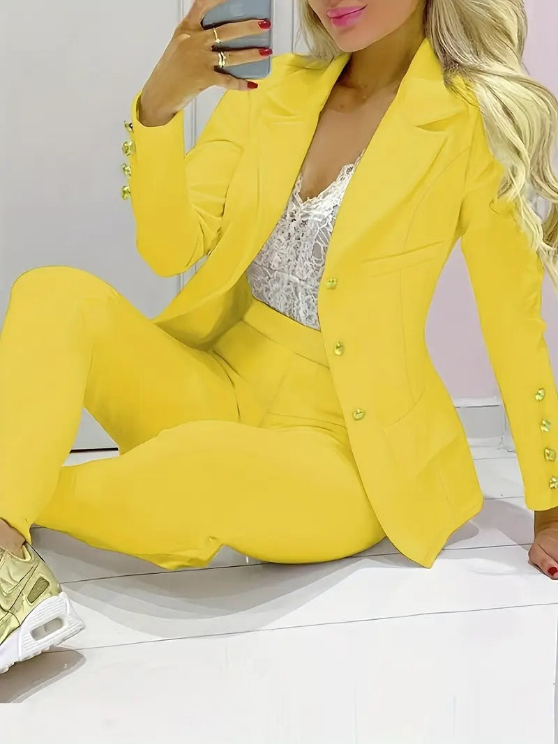 Tvådelat set för kvinnor | Blazer med dubbla rader & byxor med smal passform | Business & Casual | Elegant & Stilfstickad struktur